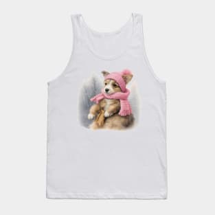 Adorable cute puppy wearing a pink hat and scarf Tank Top